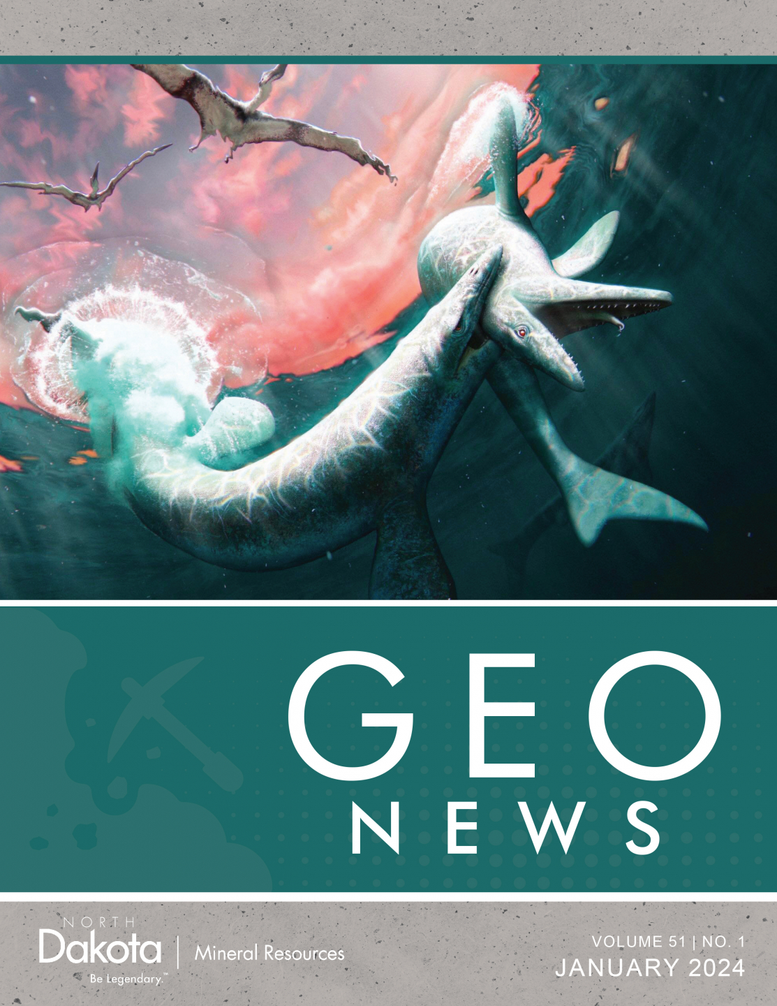 Newsletter cover featuring a painting of a mosasaur.