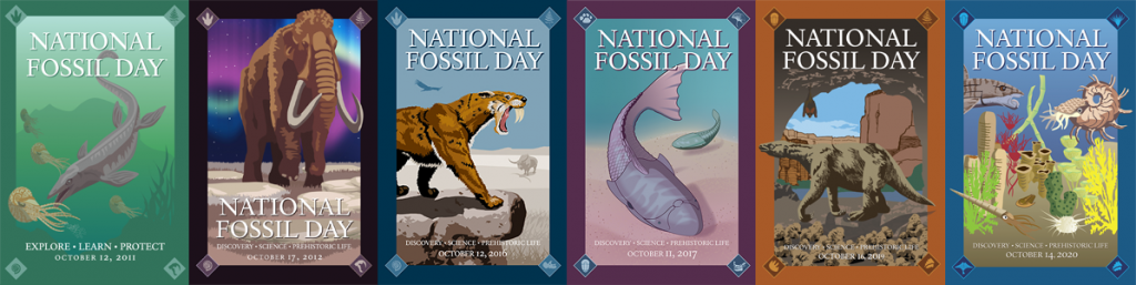 Past banners of National Fossil Day, including Mosasaur from 2011, Mammoth from 2012, Smilodon from 2016, Placoderm from 2017, Sloth from 2019, and sharks from 2020
