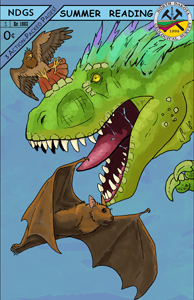 A pseudo-comic showing a feathered green tyrannosaur battling a hawk and a bat