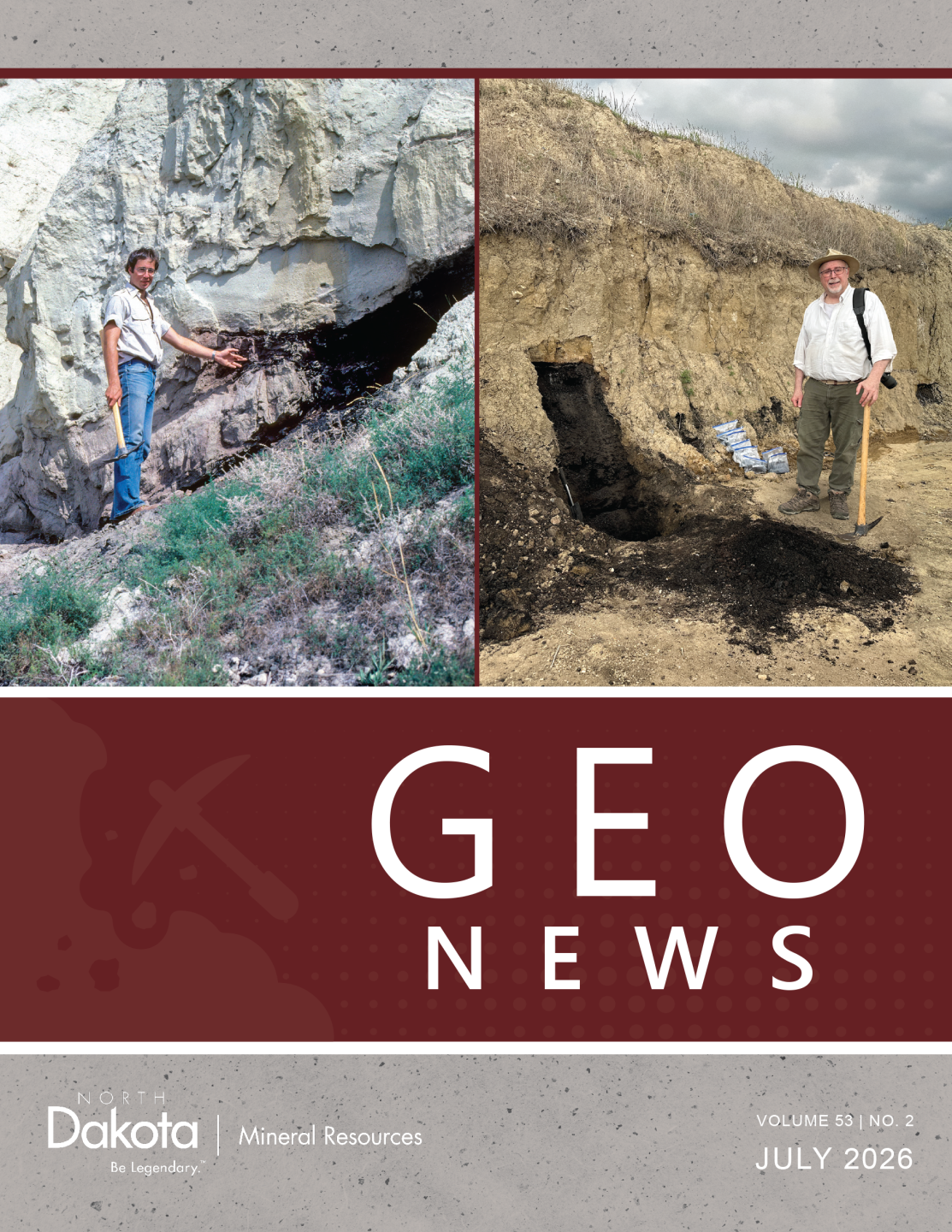 Geo News cover featuring Ed Murphy exposing coal seams near Medora in 1982, and at the Leonardite Products pit near Williston, North Dakota, in June 2026.