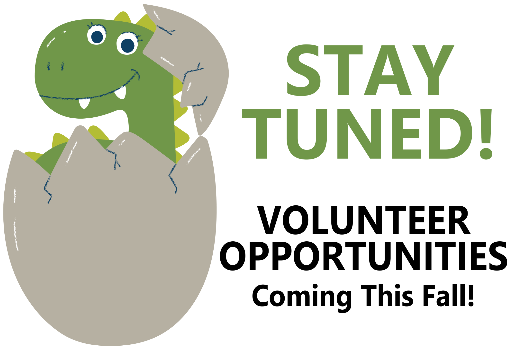 Cartoon dinosaur hatching out of an egg next to a stay tuned message.