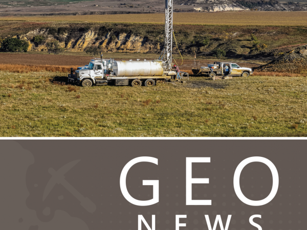 January 2026 Geo News cover features John Mohl and crew of Mohl Drilling, Inc. recovering core along the Cannonball River in Grant County during the North Dakota Geological Survey's critical mineral drilling program in September 2025.