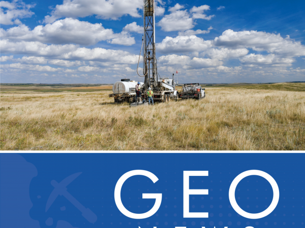 Geo News cover featuring a drilling rig on the prairie on a partly cloudy day.