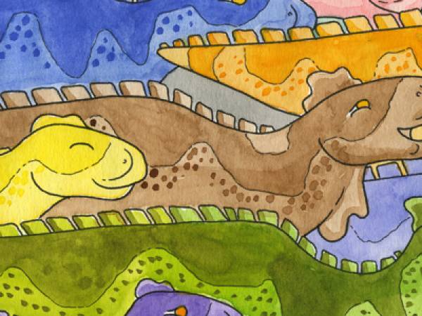 Cartoon image of Edmontosaurus herd.