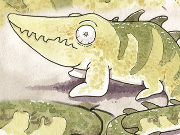 Cartoon image of crocodile eye and hatchling.