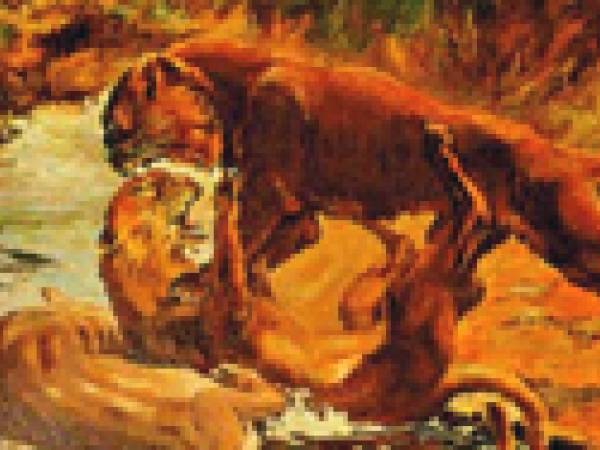 A painting by Charles Knight showing sabertooth cats fighting