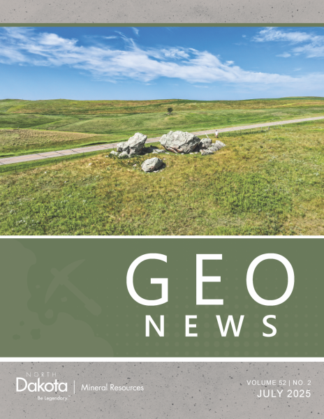 July 2025 Geo News cover features the Crown Butte Creek glacial erratic, one of North Dakota's largest. Location is west of Mandan in Morton County.