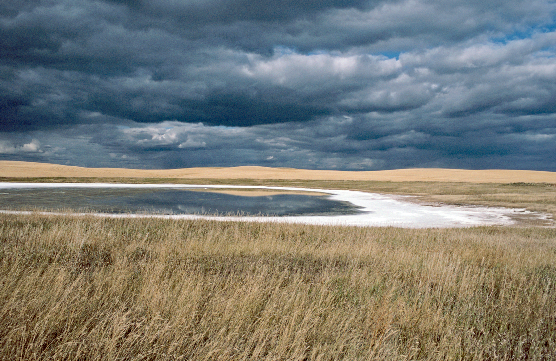 A lake outlined by a white shore surrounded by prairie grass under a very dark, cloudy sky.