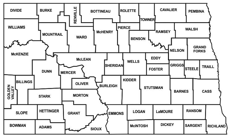 county map of North Dakota