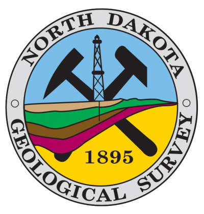 round logo with the words North Dakota Geological Survey, an oil derrick, pickaxe and hammer tools, and colorful layers depicting different rock formations.