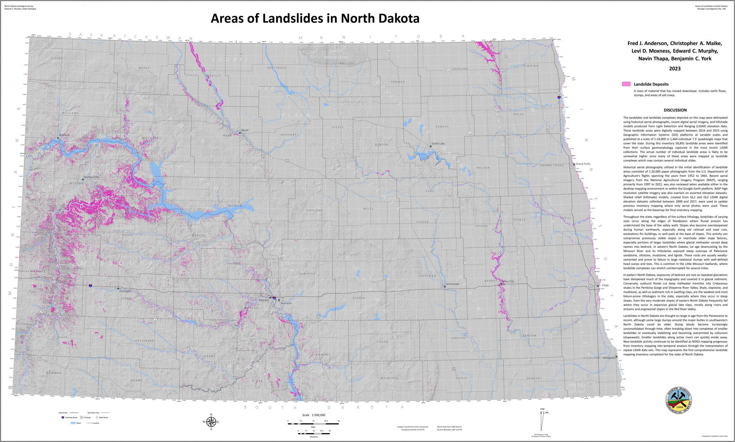 Gray map of North Dakota with pink shading next to a column of text.