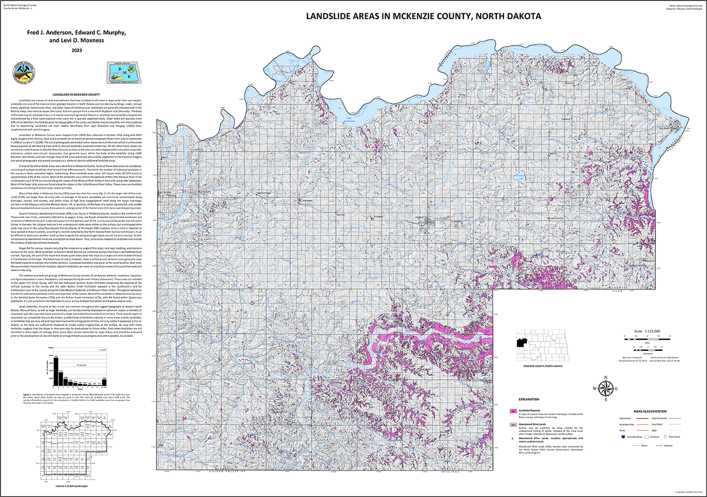 Map of McKenzie County showing landslides shaded in pink.