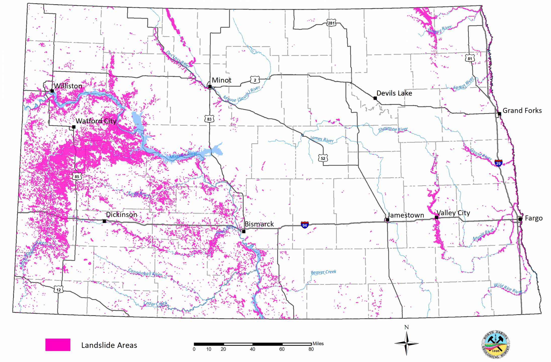 outline of North Dakota map showing landslide locations in pink.