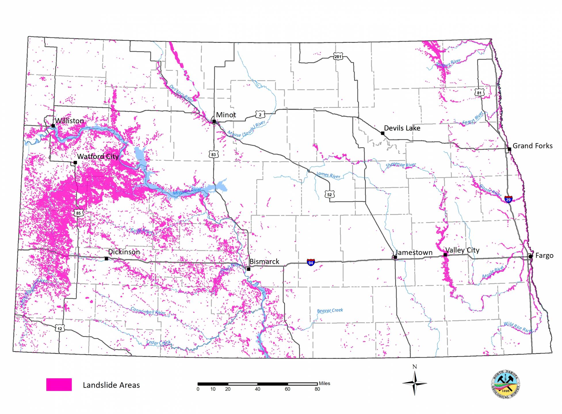 outline of North Dakota map showing landslide locations in pink.