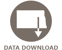 Brown circle with a white outline of North Dakota and a download arrow.