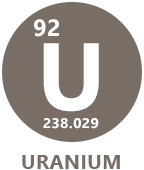 brown circle with white periodic table symbol for uranium icon