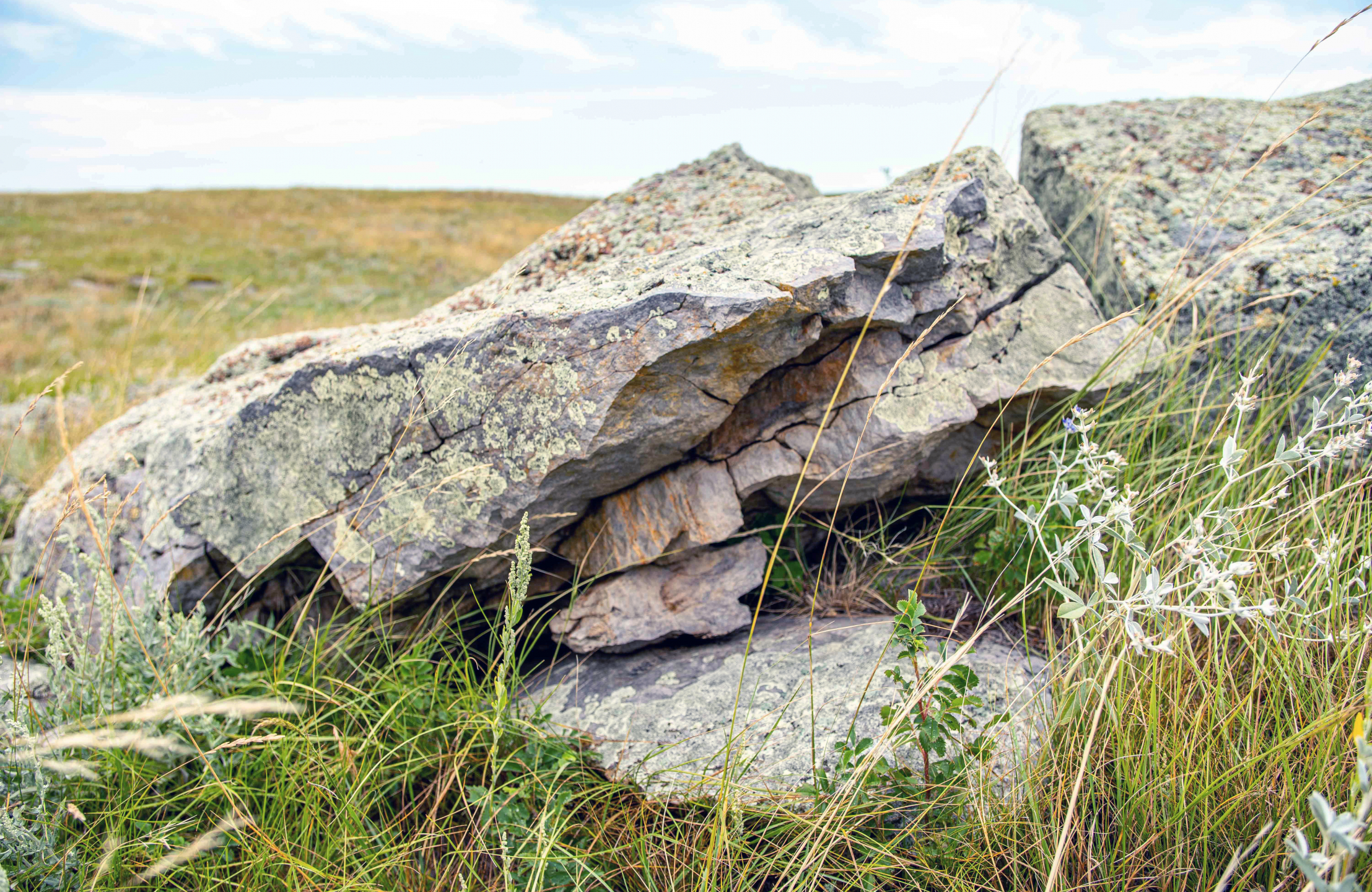 Rocks on a pile on the prairie.