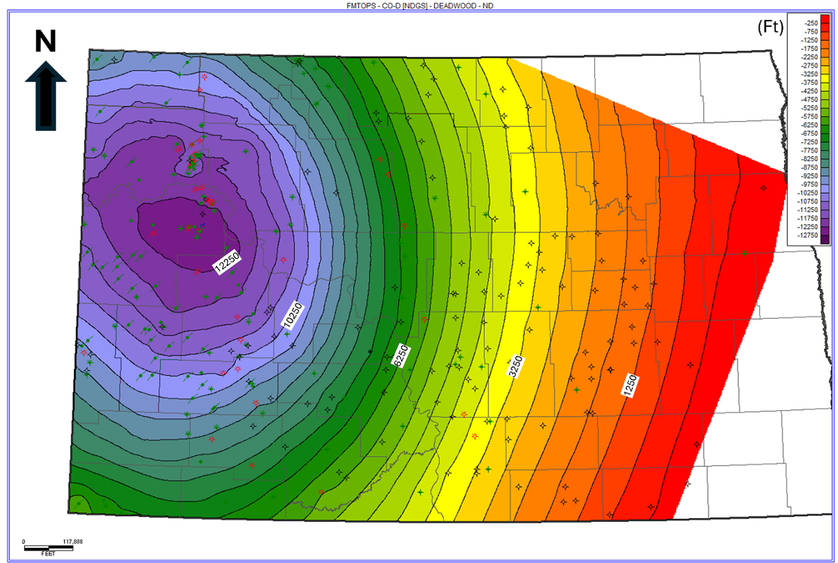 Regional depth map of Deadwood Formation. Obtained from 297 wells with Deadwood Formation marker