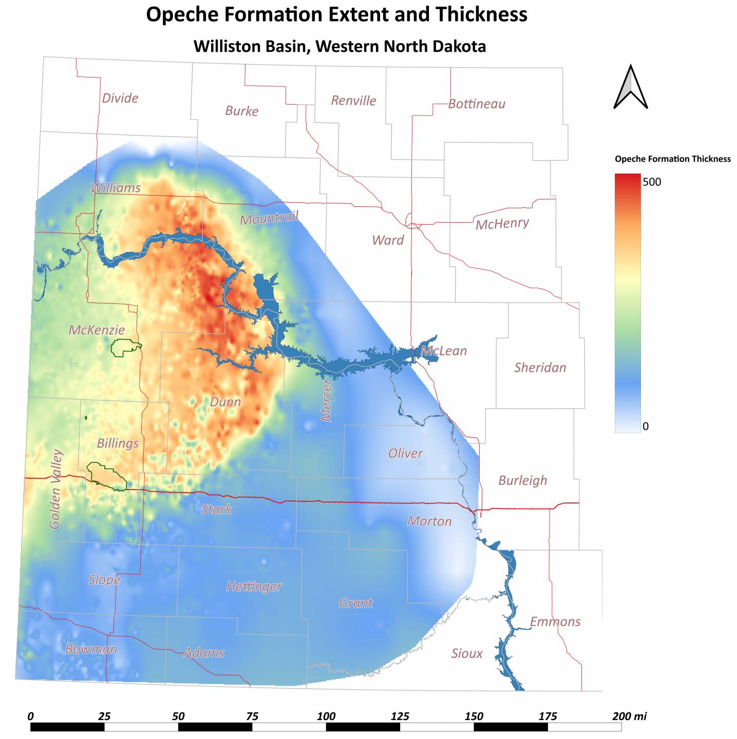 A map displaying the Western counties in North Dakota with an overlay of colors depicting thickness. 
