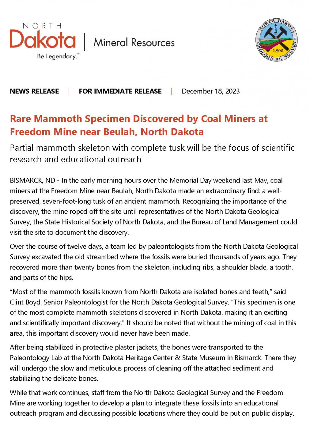 North Dakota Department of Mineral Resources press release.