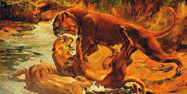 A painting by Charles Knight showing sabertooth cats fighting