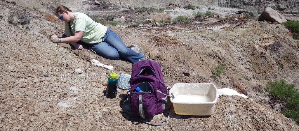 Becky Barnes digging out a rib, next to a cast bone, her jug of sun tea, and supplies