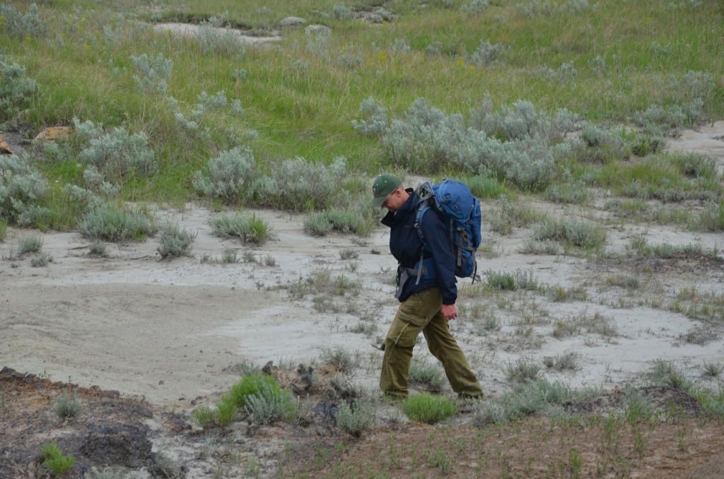 Jeff Person prospecting well prepared with everything he could need in his pack