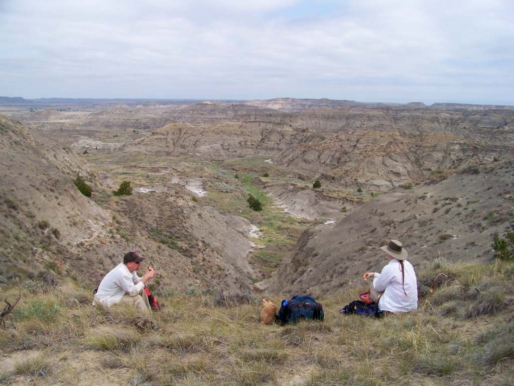 Paleontologists Jeff Person and Becky Barnes enjoying the scenic Marmarth area while eating lunch