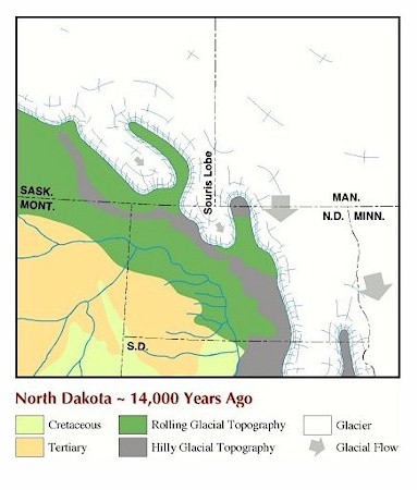 Geologic map of North Dakota 14,000 years ago