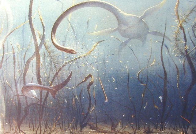 Painting of a Cretaceous underwater scene featuring a long-necked plesiosaur.