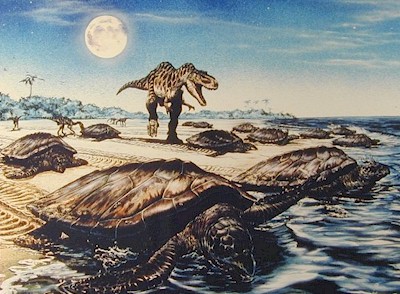 Painting of marine turtles being preyed on by a meat-eating dinosaur. Painting by Mark Hallett