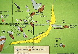 Figure 1. Map of part of central North Dakota showing area where large numbers of ice-thrust hills and associated depressions occur. An area of long drumlins occurs behind (northwest of) the ice thrust blocks.