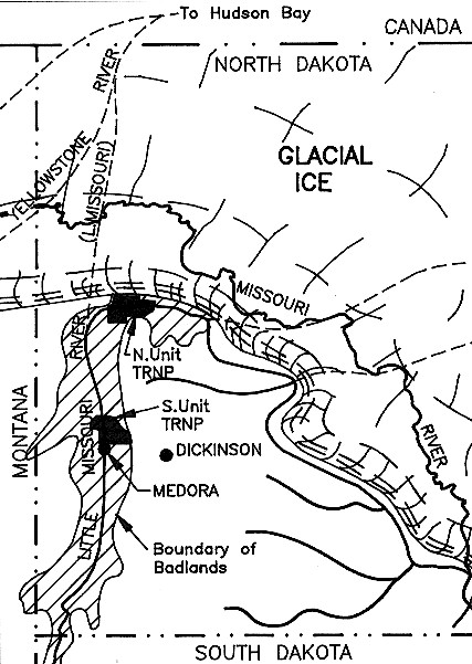 Figure 8. Diversion of the Little Missouri River by the glacier. Ice blocked the northward route of the Little Missouri River into Canada (dashed lines show preglacial routes of several rivers, including the Little Missouri River). The river was forced to flow eastward over a shorter, steeper route initiating downcutting and badlands formation. The route of the modern Missouri River was finally established much later, during Wisconsinan time. Lined pattern is extent of badlands topography.