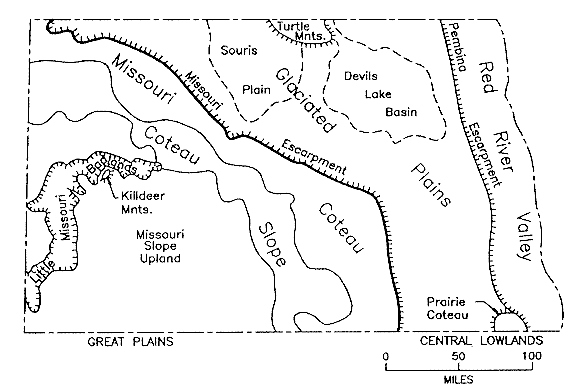 Map identifying the major physiographic regions in North Dakota.