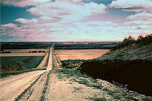 A view of the Lake Agassiz plain from the Pembina Escarpment looking east toward Mountain, North Dakota. (photo by J. Bluemle) 