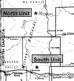 Figure 1. Location of North and South Units, Theodore Roosevelt National Park (H indicates location).