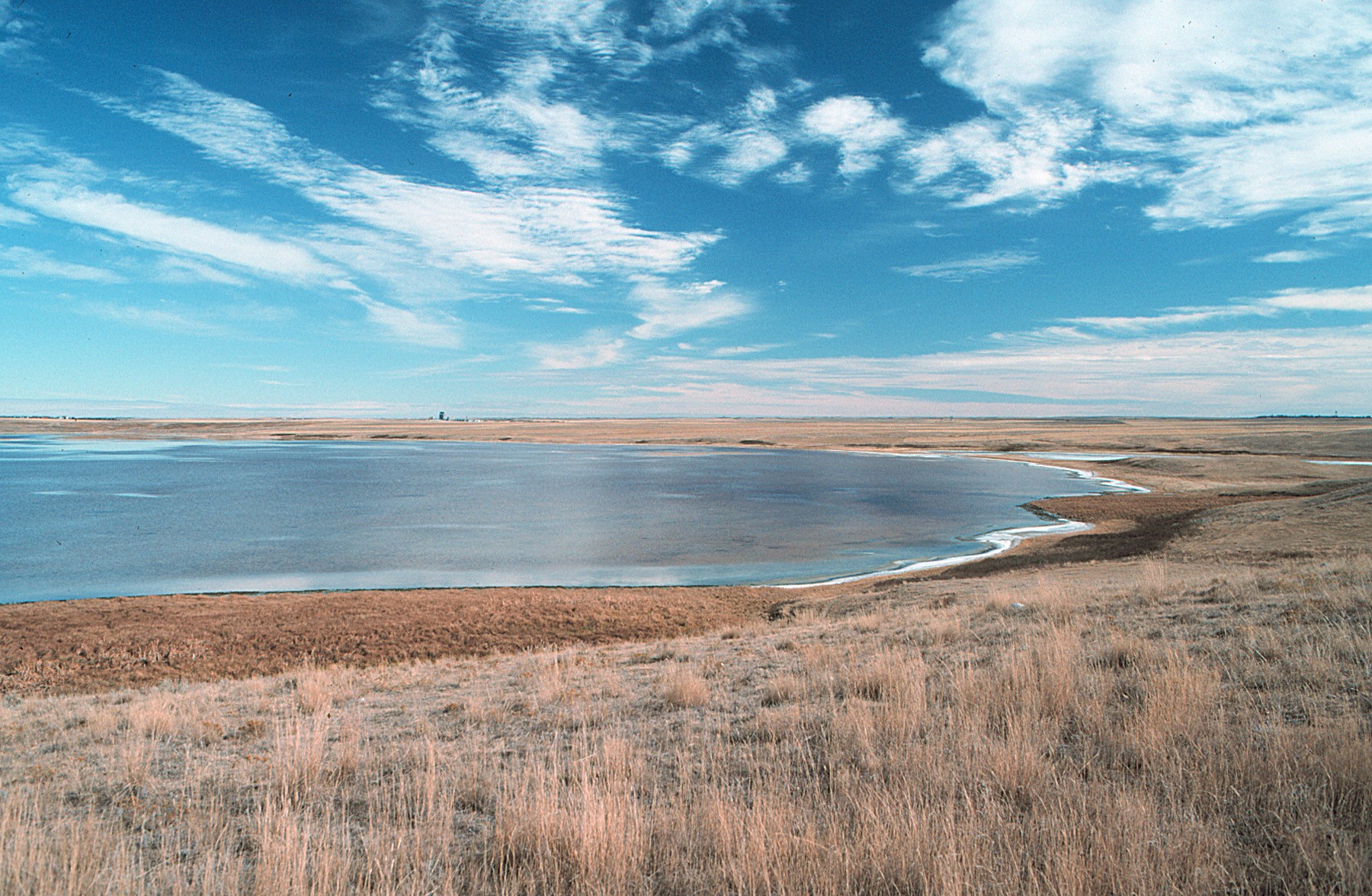 Typically, as water levels decline in the late summer and fall a ring of salt (largely thenardite) becomes visible along the shores 
								of many of the lakes in the northwest portion of the state. (Photo by E. Murphy, NDGS).