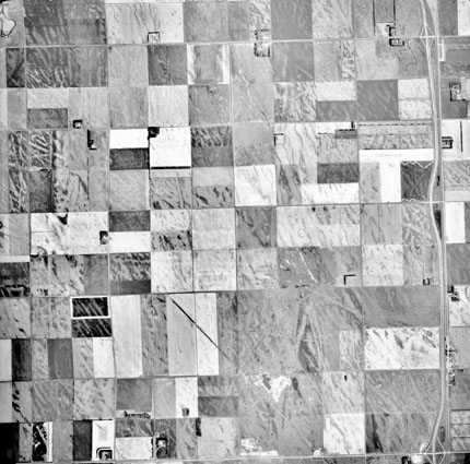 Aerial photograph showing lines on the floor of the glacial Lake Agassiz plain (see text). The lines are grooves that were gouged into the lake floor by icebergs 
								dragging along the floor of the lake. 