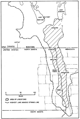 Area in the Red River Valley where ice-gouged grooves occur (lined area). The maximum extent of the glacial Lake Agassiz plain is shown by the tic-marked line.